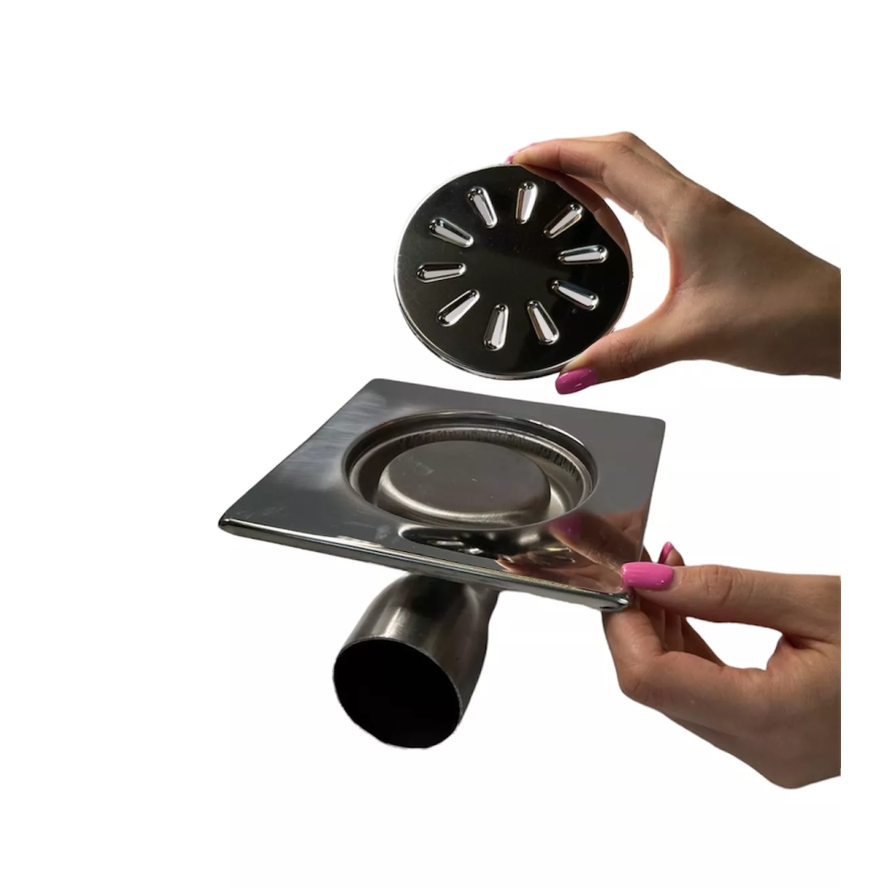 Трап з нержавіючої сталі SLIM 15х15см горизонтальний D50 Трап з нержавіючої сталі SLIM 15х15см горизонтальний D50