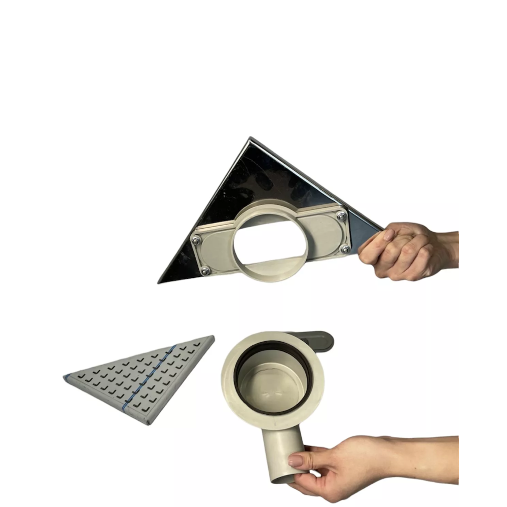 Трап для душу кутовий горизонтальний, решітка "ХВИЛЯ" з нержавіючої сталі з гідрозатвором Трап для душу кутовий горизонтальний, решітка "ХВИЛЯ" з нержавіючої сталі з гідрозатвором