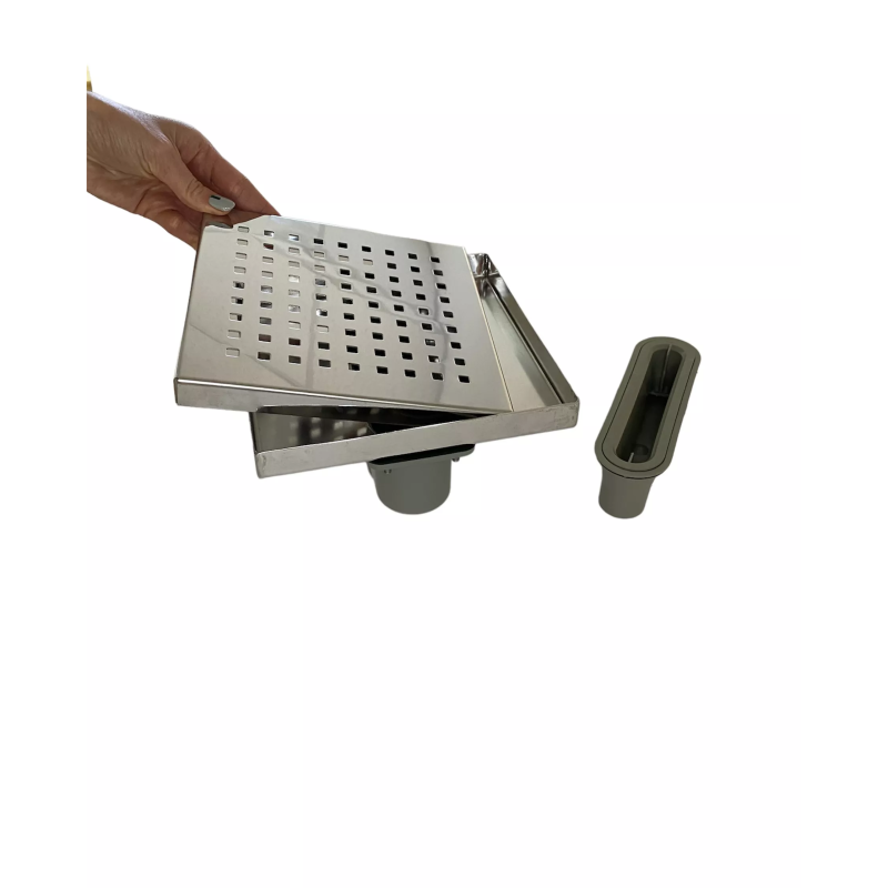 Трап с решеткой "квадрат" с нержавеющей решеткой вертикальный выход D50, 20х20 см