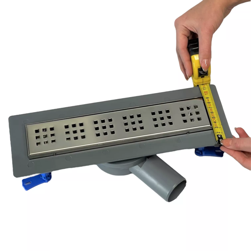 Зливний трап для душу з горизонтальним виходом, решітка "квадрат" 33 см з горизонтальним фланцем Зливний трап для душу з горизонтальним виходом, решітка "квадрат" 33 см з горизонтальним фланцем