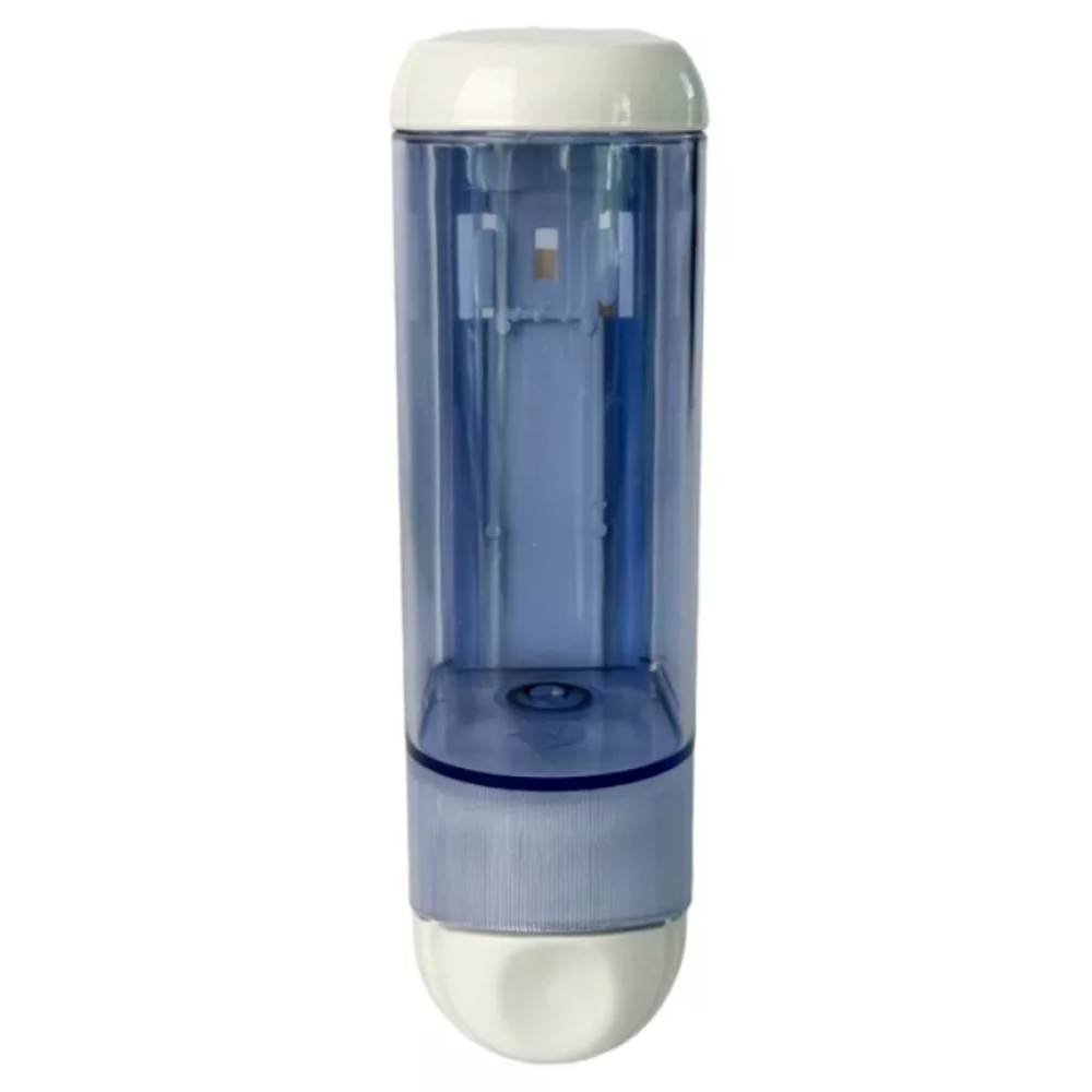 Дозатор для мыла/шампуни на 250мл пластиковый синий с белым, 18*5,5см крепеж на скотч.