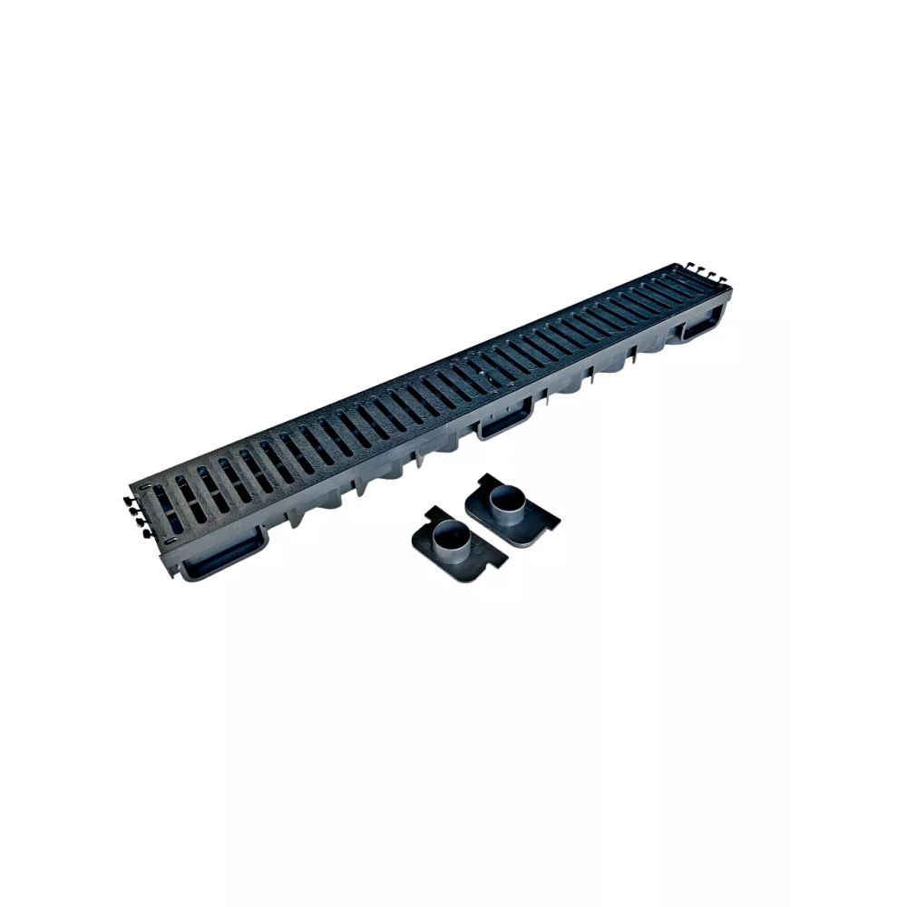 7317 Лоток водоотводный пластиковый 1000м, h=75мм, подключение D=50,75,100мм черный 7317 Лоток водоотводный пластиковый 1000м, h=75мм, подключение D=50,75,100мм черный