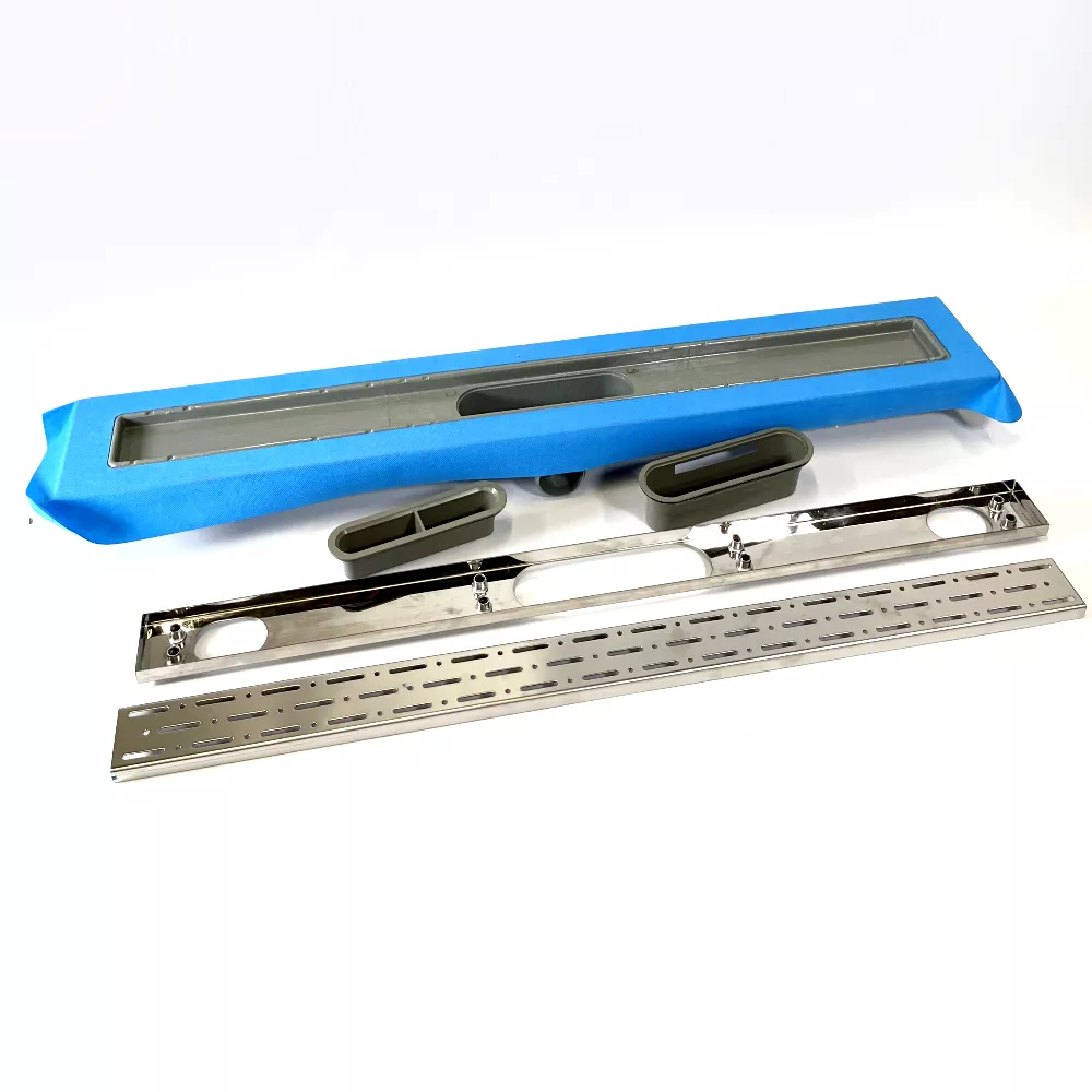 Канализационный трап с пластиковым корпусом, решетка "Дождь" 60 см, Душевой канал с горизонтальным фланцем Канализационный трап с пластиковым корпусом, решетка "Дождь" 60 см, Душевой канал с горизонтальным фланцем