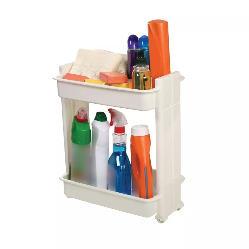 Полка-органайзер двухъярусная на колесах пластиковая, полка-этажка напольная