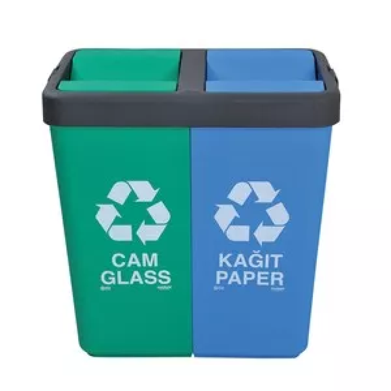 Контейнер для сортировки мусора двойной для бумаги и пластика, зеленый/синий, 40+40л, 55*35,5*59см