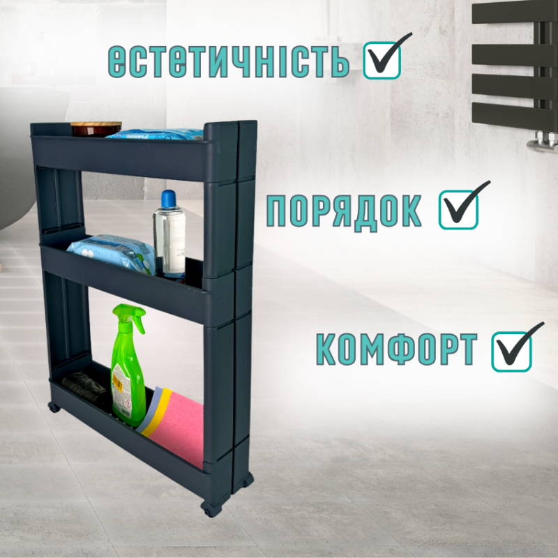 Этажерка-стелаж трехъярусная на колесах большая пластиковая, полка-органайзер трехъярусная пластиковая