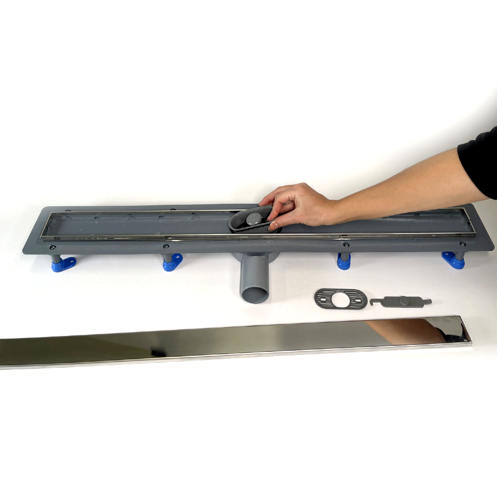 Сливной трап для душа с поворотным сифоном 360, решетка "ПОД ПЛИТКУ" 80 см, нержавеющая кромка Сливной трап для душа с поворотным сифоном 360, решетка "ПОД ПЛИТКУ" 80 см, нержавеющая кромка