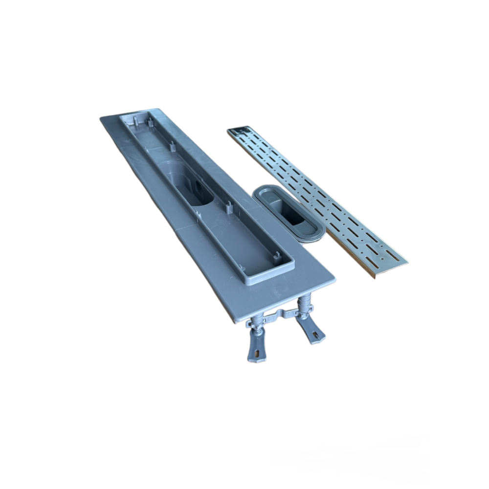 Канализационный трап с пластиковым корпусом, решетка "Дождь" 80 см, Душевой канал с горизонтальным фланцем Канализационный трап с пластиковым корпусом, решетка "Дождь" 80 см, Душевой канал с горизонтальным фланцем