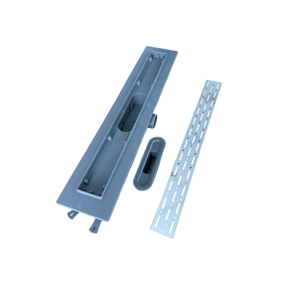 Канализационный трап с пластиковым корпусом, решетка "Дождь" 80 см, Душевой канал с горизонтальным фланцем Канализационный трап с пластиковым корпусом, решетка "Дождь" 80 см, Душевой канал с горизонтальным фланцем