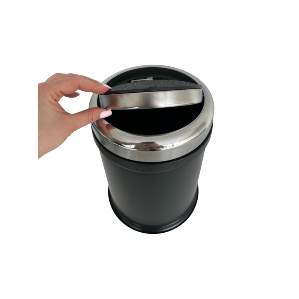 Кругле відро для сміття з рухомою кришкою з нержавіючої сталі з обідком 8 літрів чорного кольору Кругле відро для сміття з рухомою кришкою з нержавіючої сталі з обідком 8 літрів чорного кольору