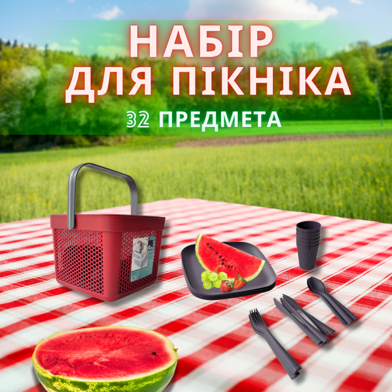 Набір посуду для пікніка з корзиною 8л на 6 персон (32 предмети) червоний