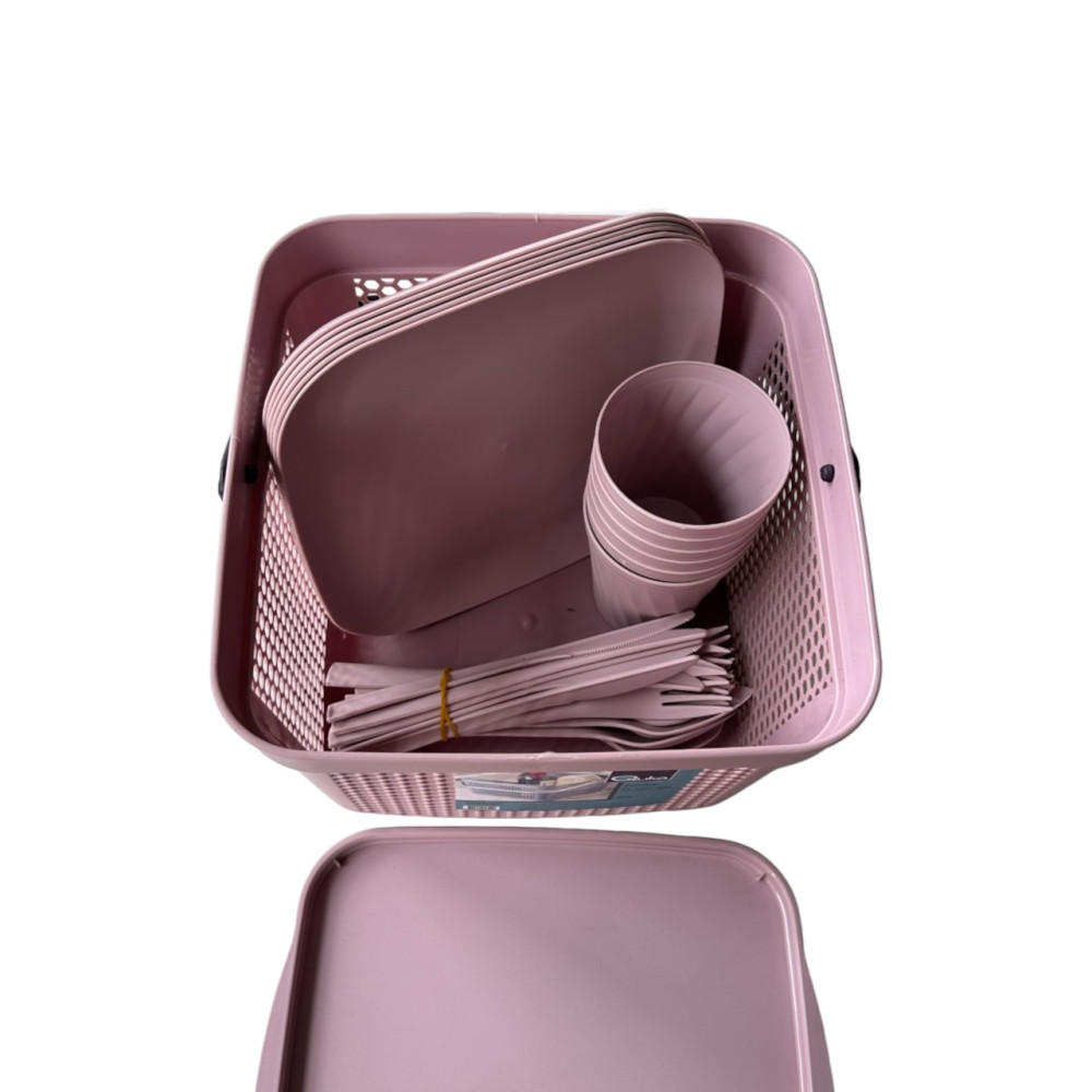 Набір посуду для пікніка з корзиною 8л на 6 персон (32 предмети) рожевий Набір посуду для пікніка з корзиною 8л на 6 персон (32 предмети) рожевий