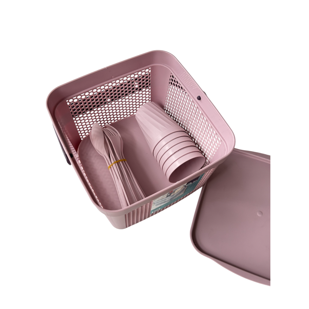 Набір посуду для пікніка з корзиною 8л на 6 персон (32 предмети) рожевий Набір посуду для пікніка з корзиною 8л на 6 персон (32 предмети) рожевий