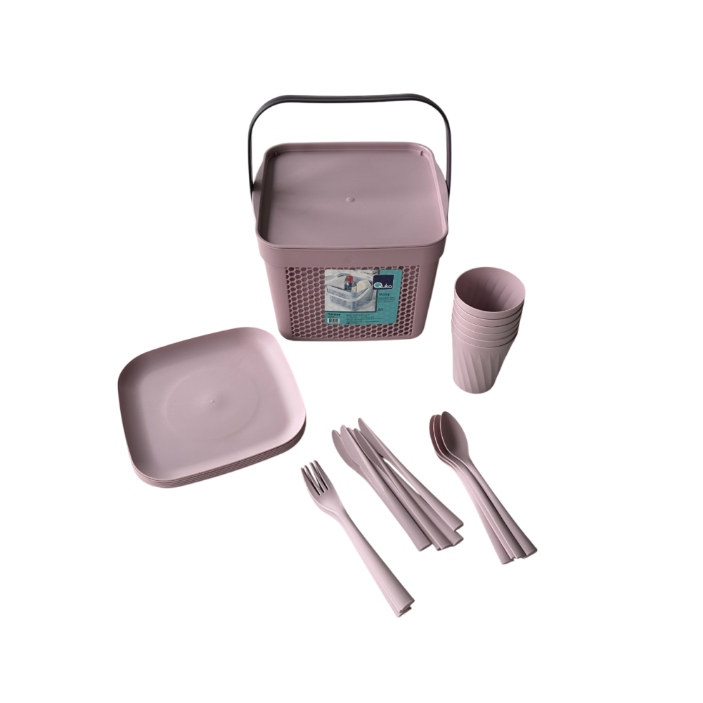Набір посуду для пікніка з корзиною 8л на 6 персон (32 предмети) рожевий Набір посуду для пікніка з корзиною 8л на 6 персон (32 предмети) рожевий