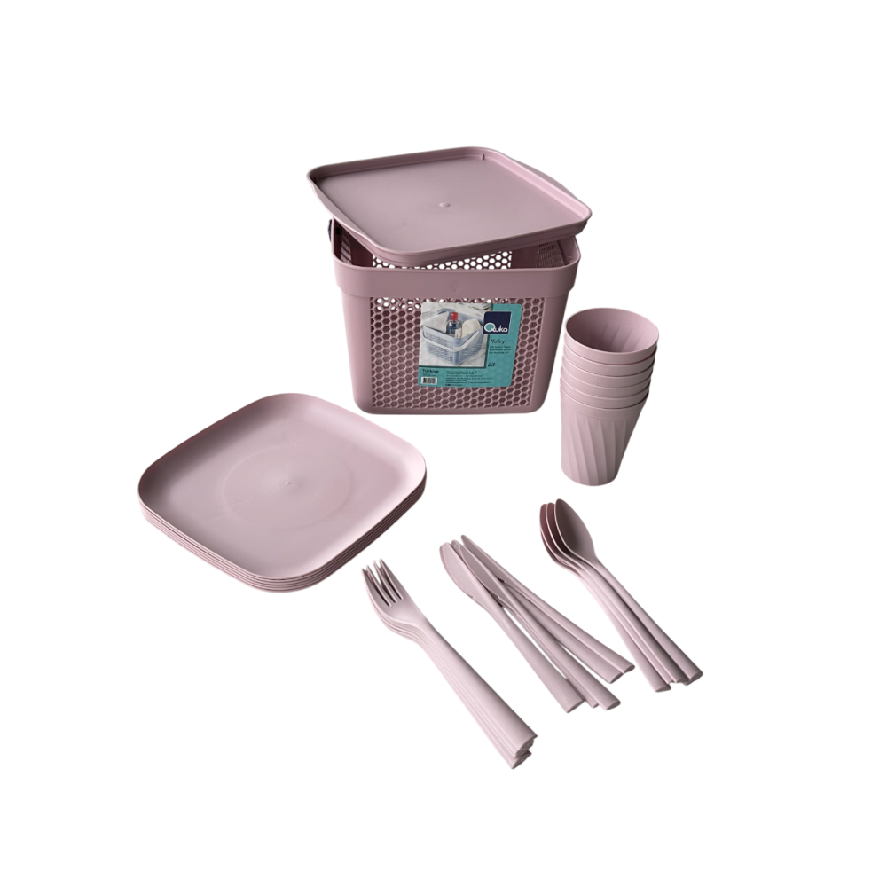 Набір посуду для пікніка з корзиною 8л на 6 персон (32 предмети) рожевий Набір посуду для пікніка з корзиною 8л на 6 персон (32 предмети) рожевий