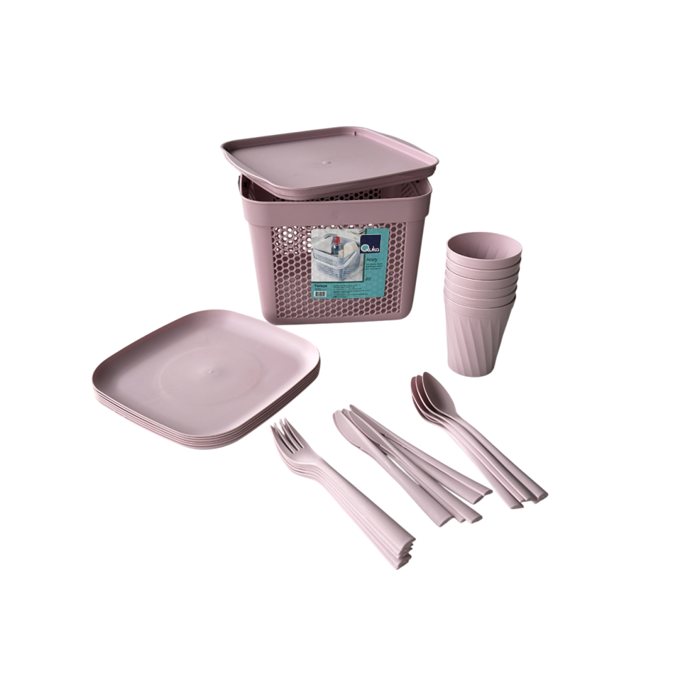 Набір посуду для пікніка з корзиною 8л на 6 персон (32 предмети) рожевий Набір посуду для пікніка з корзиною 8л на 6 персон (32 предмети) рожевий