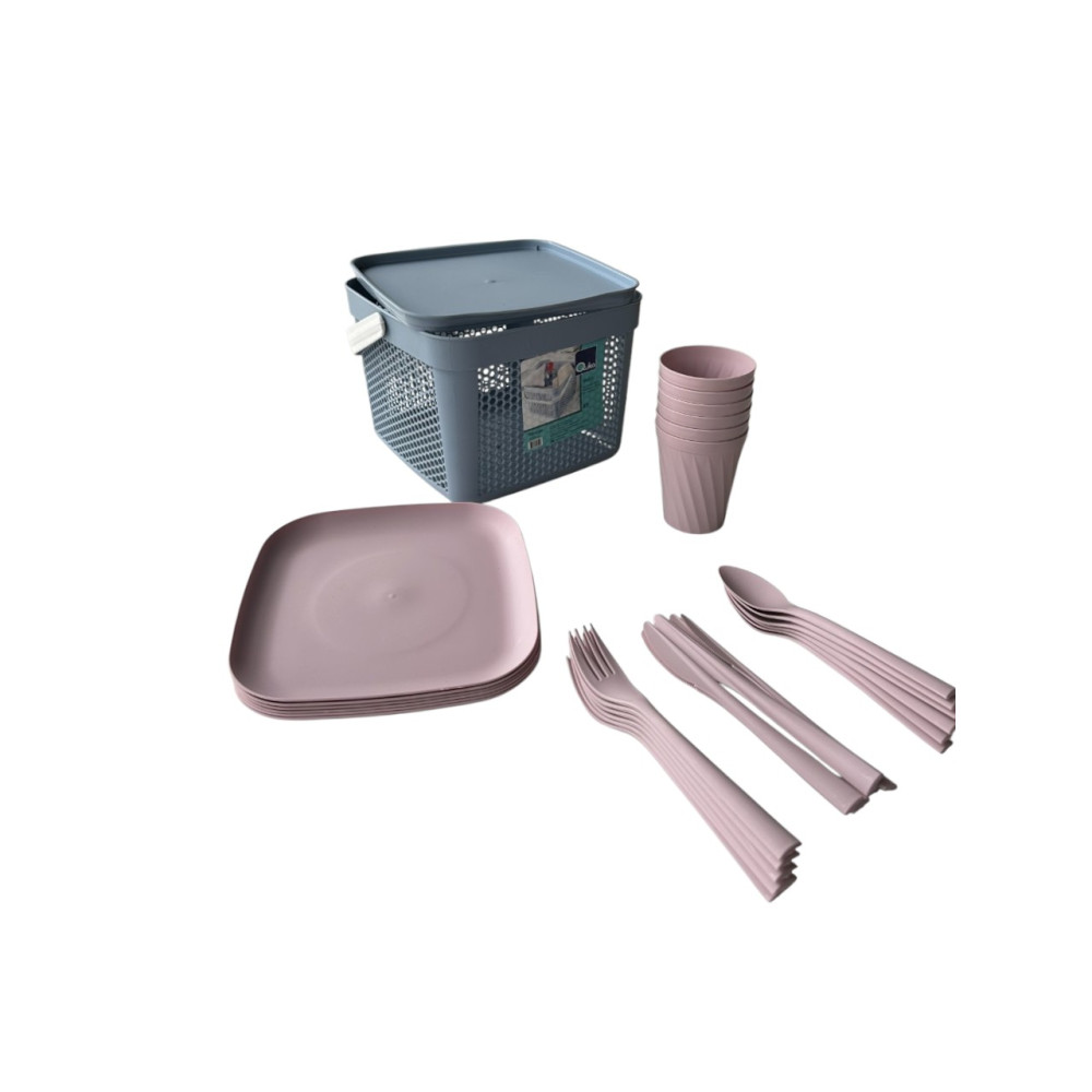 Набор посуды для пикника с корзиной 8л на 6 персон (32 предмета) голубой DP-77 Набор посуды для пикника с корзиной 8л на 6 персон (32 предмета) голубой DP-77