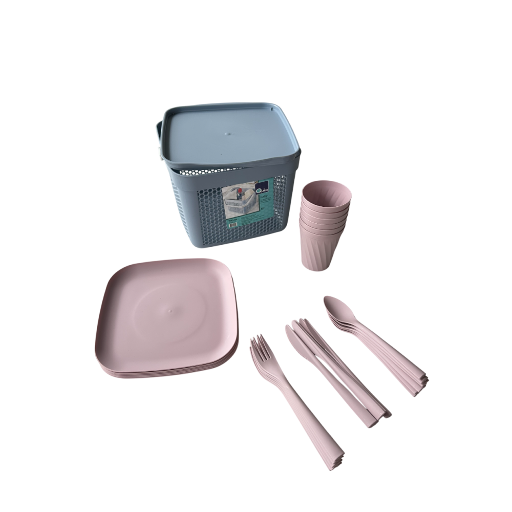 Набор посуды для пикника с корзиной 8л на 6 персон (32 предмета) голубой DP-77 Набор посуды для пикника с корзиной 8л на 6 персон (32 предмета) голубой DP-77