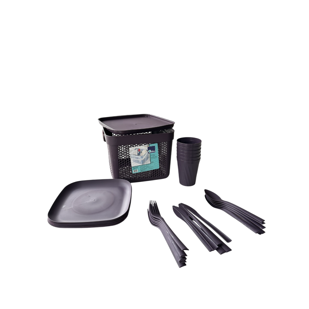 Набор посуды для пикника с корзиной 8л на 6 персон (32 предмета) фиолетовый DP-77 Набор посуды для пикника с корзиной 8л на 6 персон (32 предмета) фиолетовый DP-77