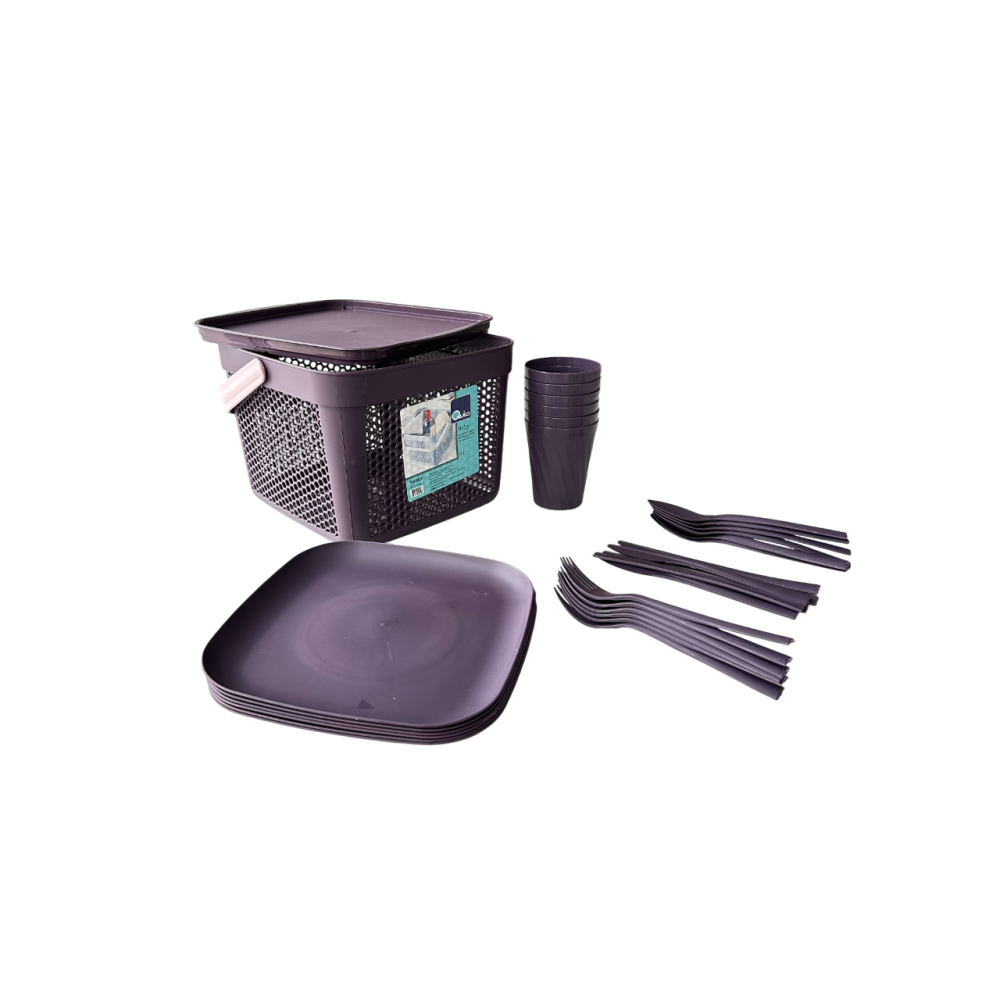 Набор посуды для пикника с корзиной 8л на 6 персон (32 предмета) фиолетовый DP-77 Набор посуды для пикника с корзиной 8л на 6 персон (32 предмета) фиолетовый DP-77