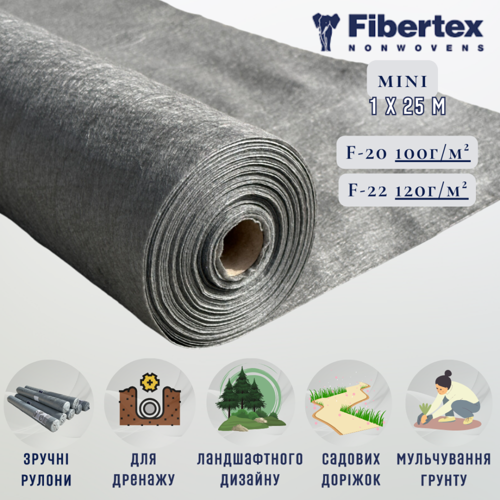 Геотекстиль термообработанный Fibertex F-20 Mini (100 г/м.кв.) 1х25 м для обустройства садовых дорожек, укладки под тротуарную плитку и выполнения ландшафтных работ