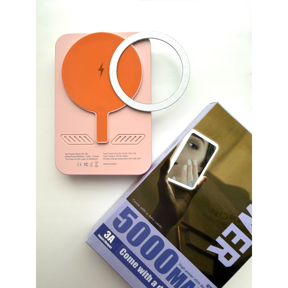 Повербанк 5000 mAh с беспроводной зарядкой, встроенным зеркалом и LED-подсветкой, цвет оранжевый