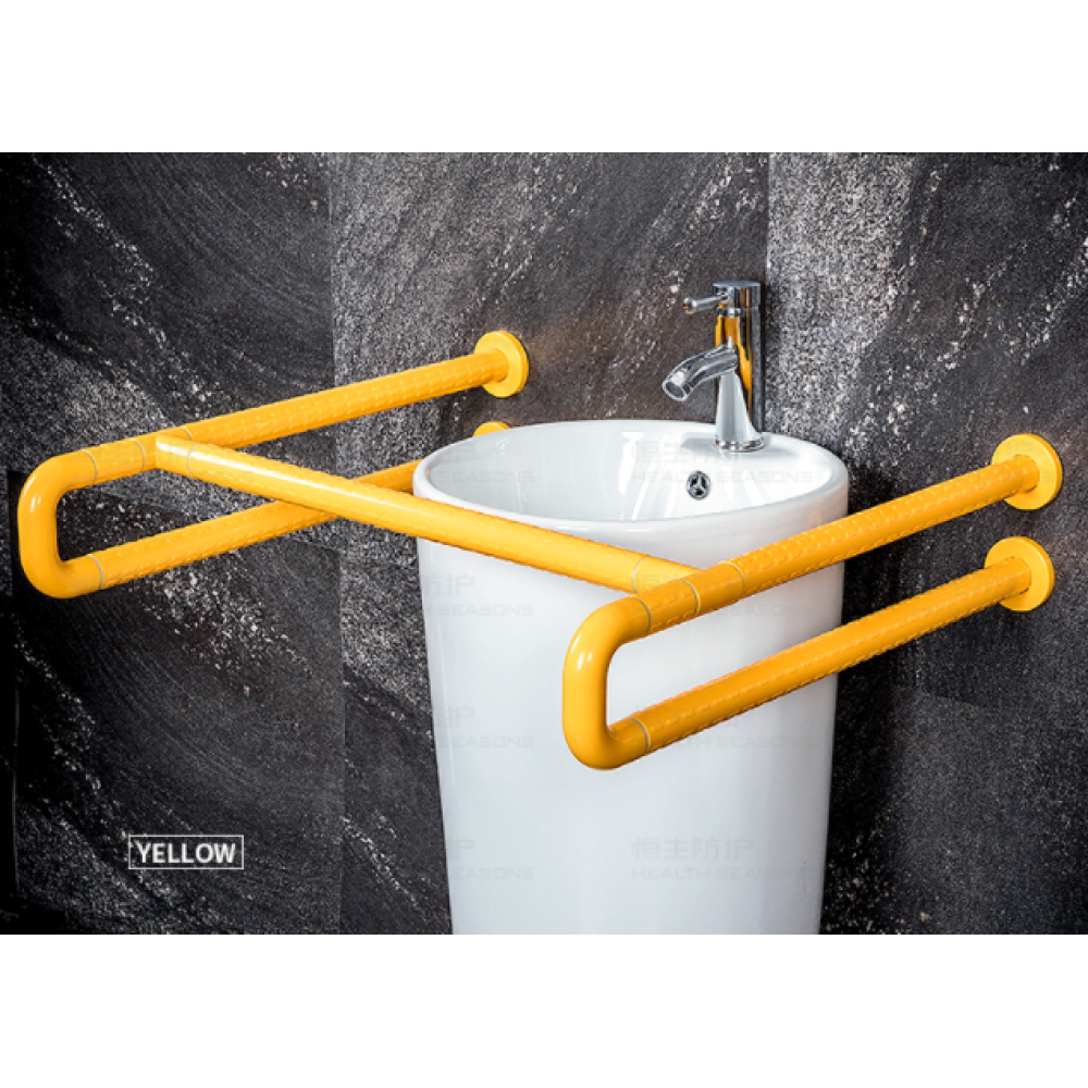 Поручень двосторонній стіновий для умивальника, ширина 650х650мм, колір жовтий, AISI 201