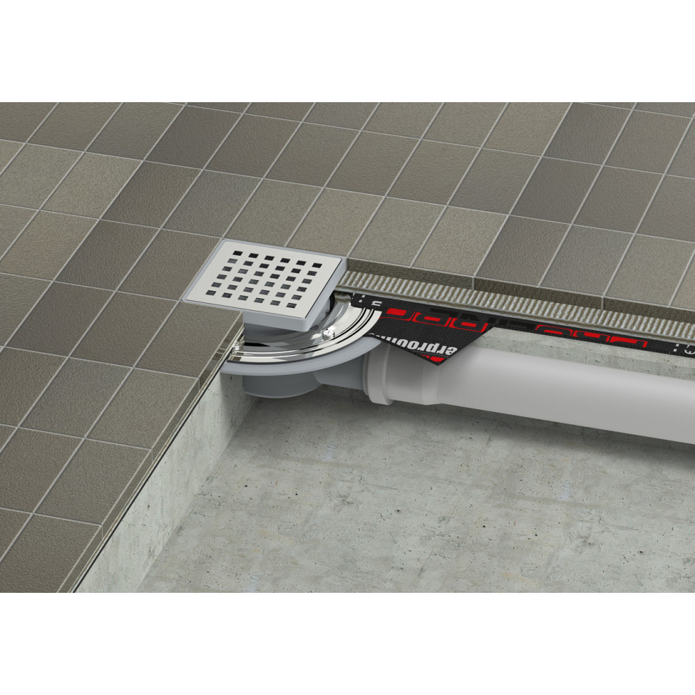 Двокорпусний трап 10*10 см з притискним фланцем і бітумною мембраною, горизонтальний вихід D50, сухий затвор Двокорпусний трап 10*10 см з притискним фланцем і бітумною мембраною, горизонтальний вихід D50, сухий затвор