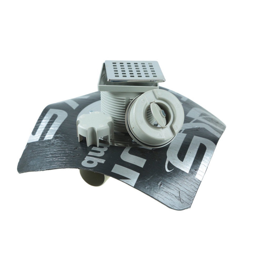 Двокорпусний трап 10*10 см з притискним фланцем і бітумною мембраною, горизонтальний вихід D50, сухий затвор Двокорпусний трап 10*10 см з притискним фланцем і бітумною мембраною, горизонтальний вихід D50, сухий затвор