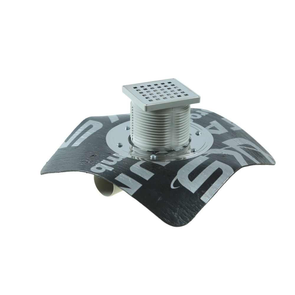 Двокорпусний трап 10*10 см з притискним фланцем і бітумною мембраною, горизонтальний вихід D50, сухий затвор Двокорпусний трап 10*10 см з притискним фланцем і бітумною мембраною, горизонтальний вихід D50, сухий затвор