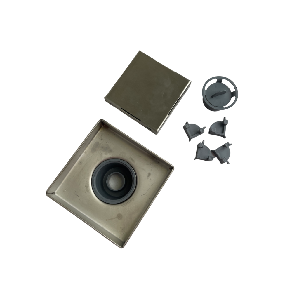 Трап з нержавіючої сталі з решіткою під плитку 10х10, Трап для душової кабіни з сухим затвором Трап з нержавіючої сталі з решіткою під плитку 10х10, Трап для душової кабіни з сухим затвором