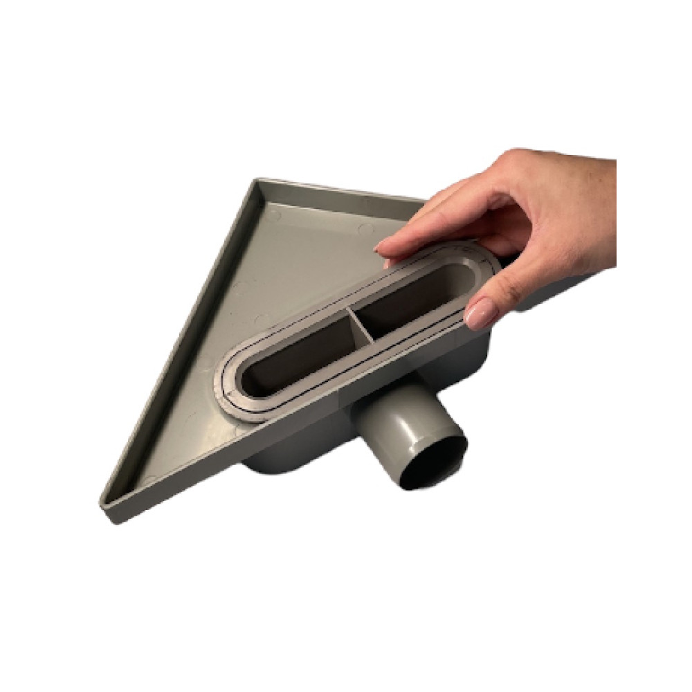 Трап для душа угловой  234х330мм горизонтальный, решетка "под плитку" из нержавеющей стали с гидрозатвором  Трап для душа угловой  234х330мм горизонтальный, решетка "под плитку" из нержавеющей стали с гидрозатвором