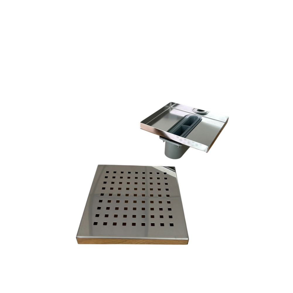 Трап с решеткой "квадрат" с нержавеющей сеткой горизонтальный выход D50, 20х20 см Трап с решеткой "квадрат" с нержавеющей сеткой горизонтальный выход D50, 20х20 см