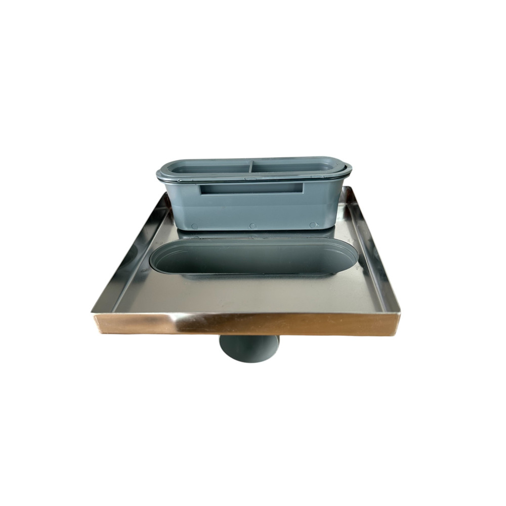 Трап с решеткой "квадрат" с нержавеющей сеткой горизонтальный выход D50, 20х20 см Трап с решеткой "квадрат" с нержавеющей сеткой горизонтальный выход D50, 20х20 см