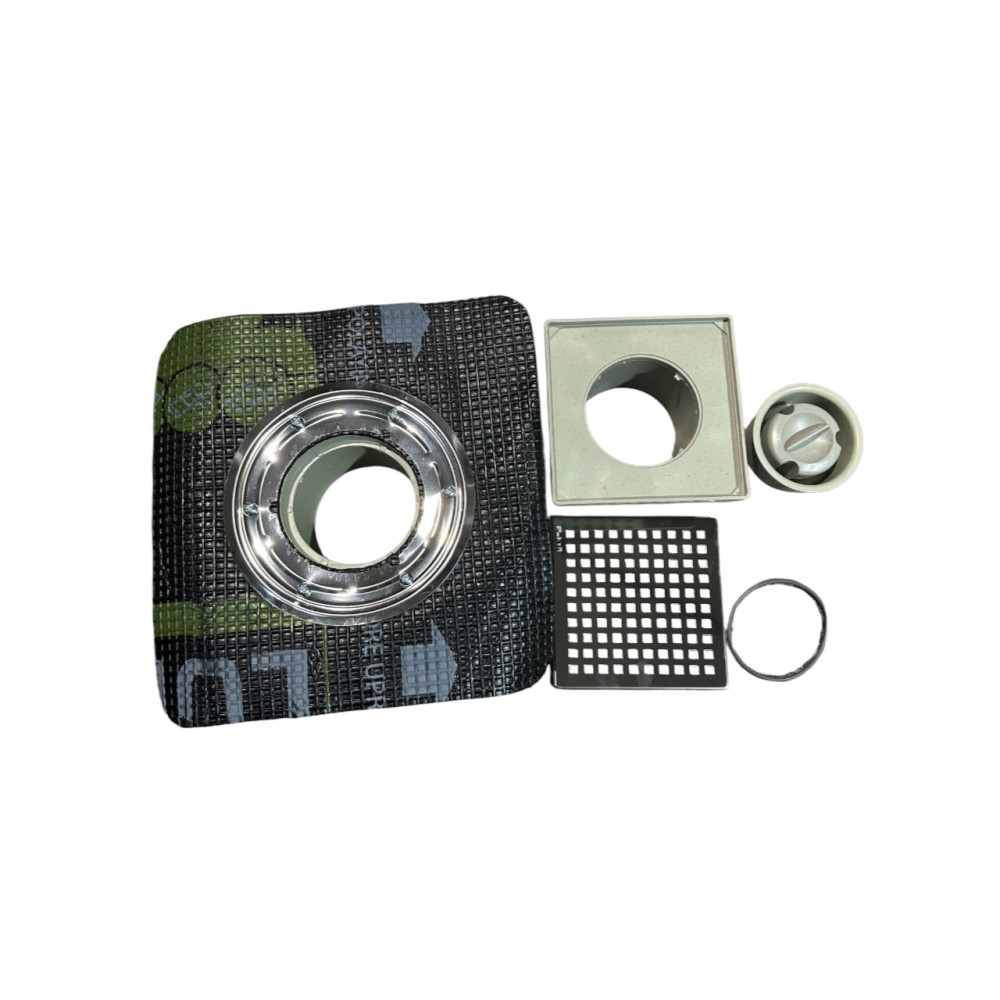 Двокорпусний трап вертикальний вихід D50, 15*15 см з притискним фланцем і бітумною мембраною Двокорпусний трап вертикальний вихід D50, 15*15 см з притискним фланцем і бітумною мембраною