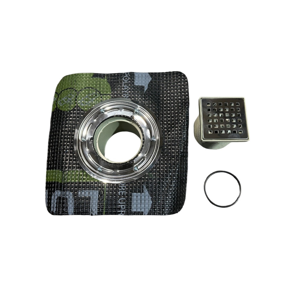 Двокорпусний трап вертикальний вихід D50, 15*15 см з притискним фланцем і бітумною мембраною Двокорпусний трап вертикальний вихід D50, 15*15 см з притискним фланцем і бітумною мембраною