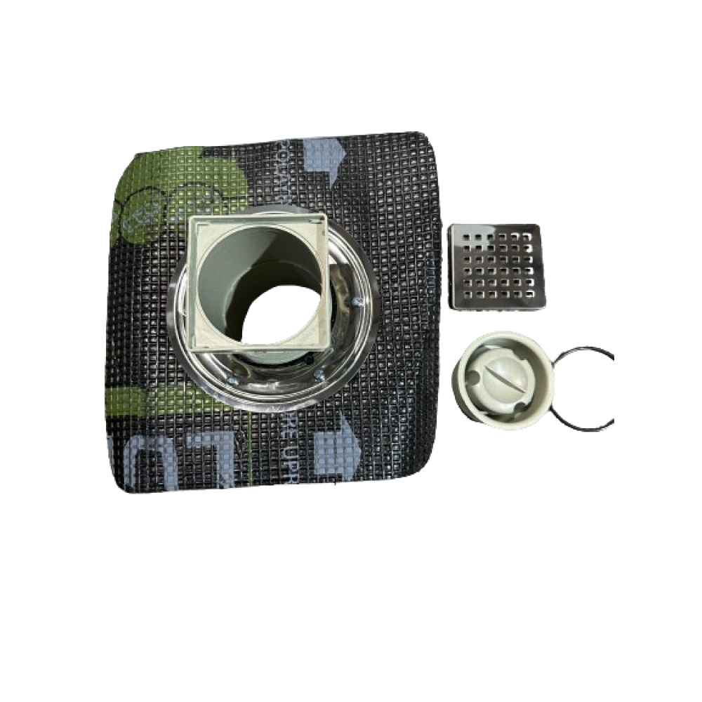 Двухкорпусный трап вертикальный выход D50, 15*15 см с прижимным фланцем и битумной мембраной Двухкорпусный трап вертикальный выход D50, 15*15 см с прижимным фланцем и битумной мембраной