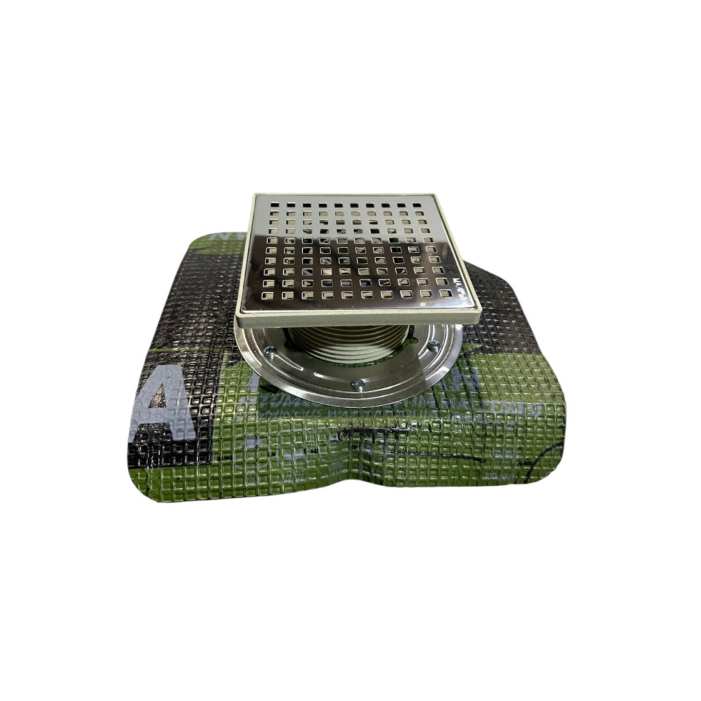 Двухкорпусный трап вертикальный выход D50, 15*15 см с прижимным фланцем и битумной мембраной Двухкорпусный трап вертикальный выход D50, 15*15 см с прижимным фланцем и битумной мембраной