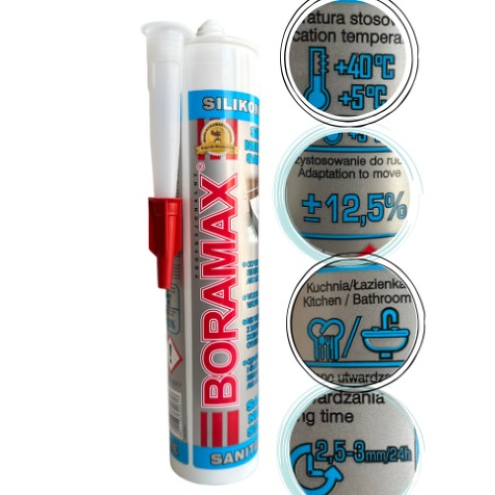Герметик силиконовый нейтральный санитарный прозрачный Boramax, 280 мл Герметик силиконовый нейтральный санитарный прозрачный Boramax, 280 мл