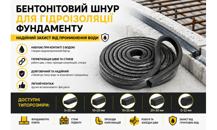 Бентонітовий шнур для гідроізоляції фундаменту: де застосовувати та який розмір обрати